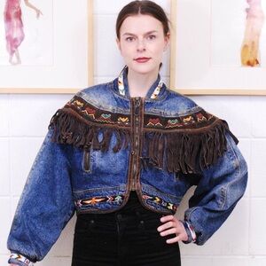 Vintage NO JEANS Suede Fringe Western Cropped Denim Jean Jacket | Size M